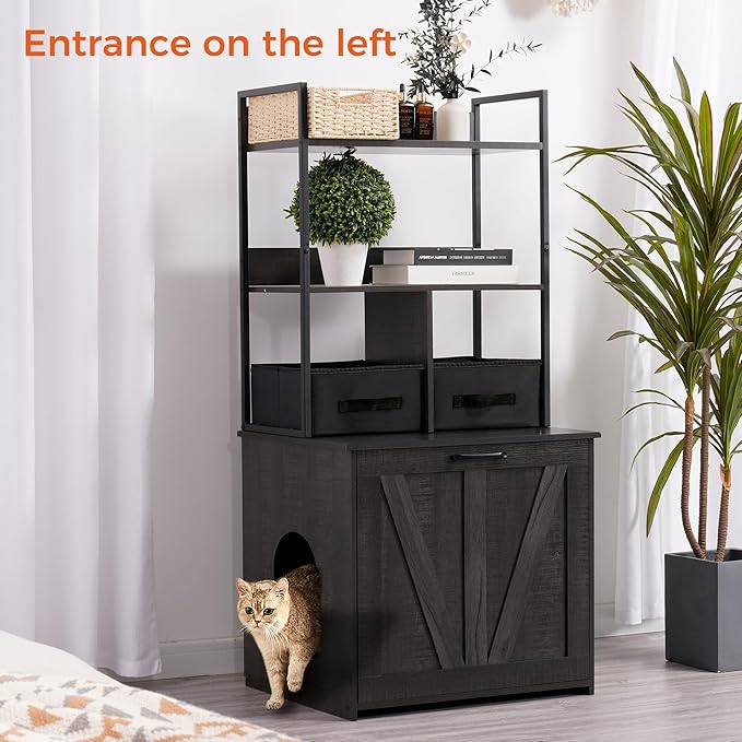 Dwanton Litter Box Enclosure with 2 Storage Shelves and 2 Drawers, 2-in-1 Hidden Cat Litter Box Enclosure Furniture with Shelf, Reversible Entrance, Washable Drawers, 50-Inch, Dark Grey