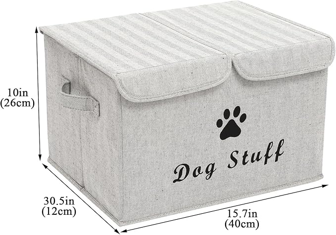 Geyecete Large Storage Boxes - Large Linen Fabric Foldable Storage Cubes Bin Box Containers with Lid and Handles for Dog Apparel & Accessories, Dog Toys, (Striped Gray)
