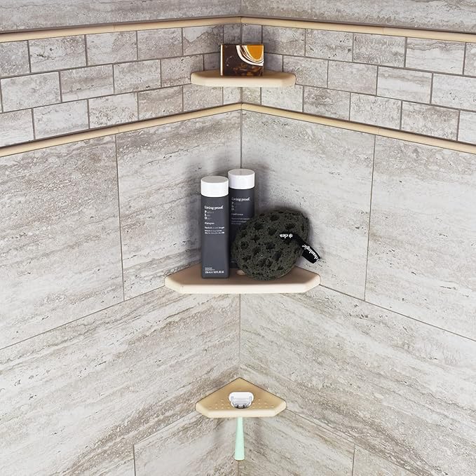Questech 10" Corner Shower Shelf - Lugged for New Construction, Shower Organizer for Tiled Walls, Corner Caddy Soap Dish Bathroom Storage, Geo Lugged, Sand Matte