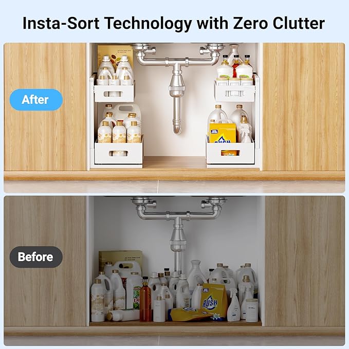 Pull-out Under Sink Organizer – Height Adjustable Metal Storage for Kitchen & Bathroom (White)