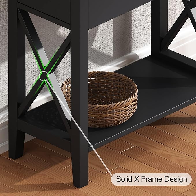 ChooChoo End Table Set of 2, Flip Top Narrow End Table with Drawer, Accent Small Side Table Nightstand for Living Room, Bedroom, and Small Spaces, Blcak