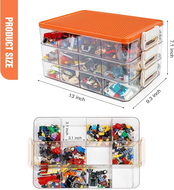 WANLIAN Storage Containers with Building Plate Lid, Acrylic Stack-able Organizer Bin Chest, Brick Toy Storage Organizer with handle, Bin Storage, Storage (Does not include Bricks)