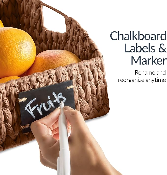 Best Choice Products Natural Hyacinth Angled Pantry Storage Baskets, Large Woven Wicker Storage Bins w/Handles, Storage Container Baskets for Shelves, Chalkboard Label & Marker (Set of 3) – Chestnut