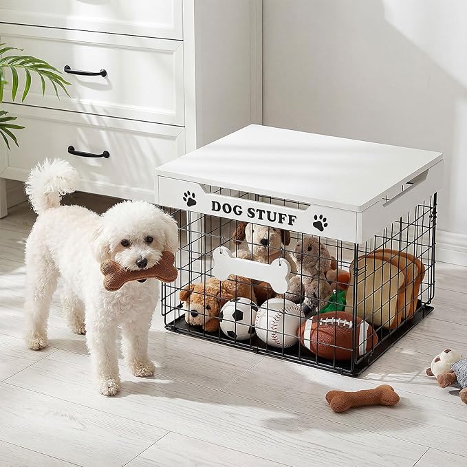 Dog Toy Bin Basket with Lid, 15.4'' Large Metal Dog Toy Storage Box with Bone Handle, Organizer Chew for Living Room, Farmhouse Food Storage Organizer for Leash Chew Blankets Clothes(White)