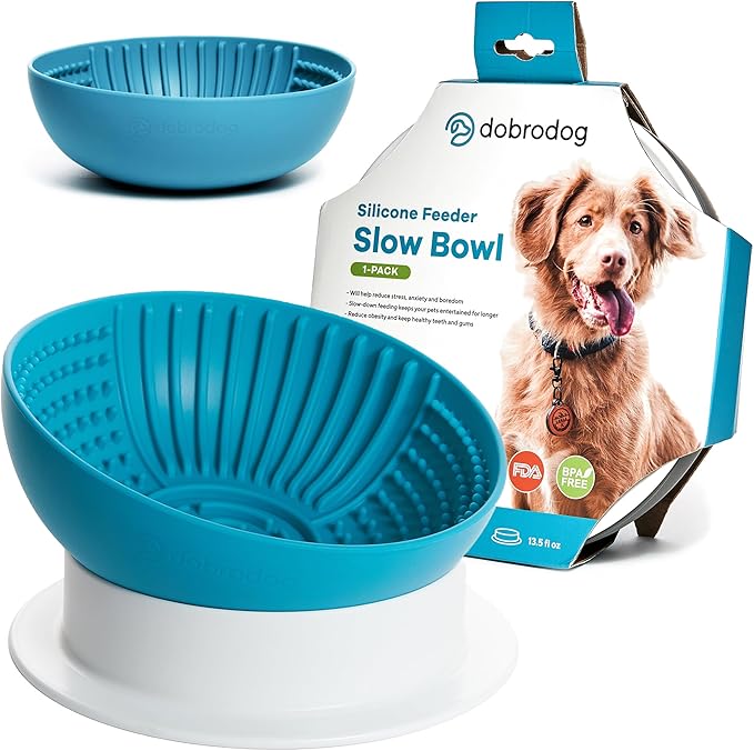 Slow Feeder Dog Lick Bowl 2in1 Elevated Set – Silicone Mat with Suction & Raised Stand, Puzzle Design Slows Eating, Anti-Bloat Interactive Dish, Dishwasher Safe, Blue