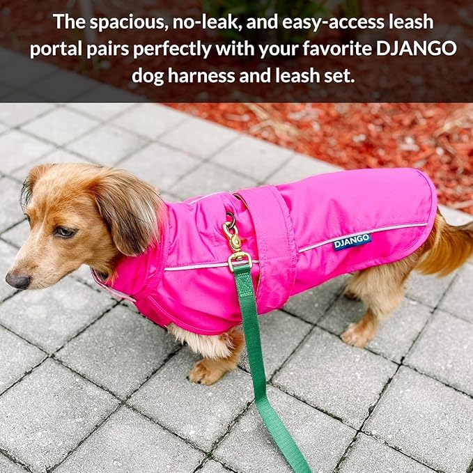 DJANGO Dog Jacket & Raincoat – Lightweight Water-Resistant Coat for Small, Medium & Long Dogs Like Dachshunds – Reflective, Adjustable Fit, Harness-Compatible & Easy-Access Harness Hole - Black, Small