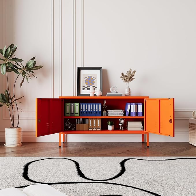 Orange Metal Storage Cabinet with Lock, 2-Door Wide Organizer, Adjustable Shelves, Multifunctional TV Stand & Entertainment Center for Bedroom, Living Room, 24" H x 39.4" W x 15" D