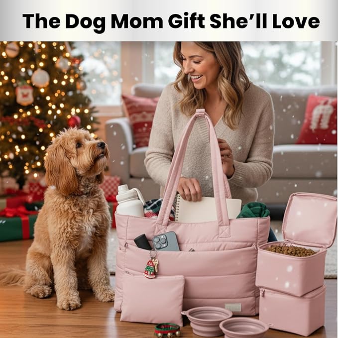 Puffer Dog Travel Bag for Dog Moms – Doggy Diaper Bag with Pet Bowls & Food Storage or Everyday Puffy Tote – Christmas Doggy Mom Gifts for Women – Lightweight, Travel-Ready Gift for Pet Lovers - Pink