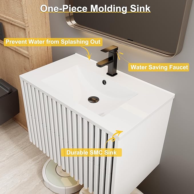 eclife 30" Floating Bathroom Vanity with Sink Combo, Modern Wall Mounted Cabinet with 2 Fluted Drawers, Undermount Sink, Faucet, Drain, Mixed White