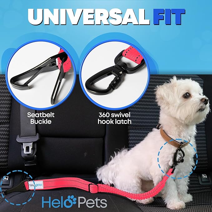 Dog Car Seat Belt 3-in-1 Adjustable Safety Seatbelt for Dogs in Car – Durable Extra Thick Nylon Webbing Bungee with Hook & Buckle Latch, Reflective Dog Harness (Pink).