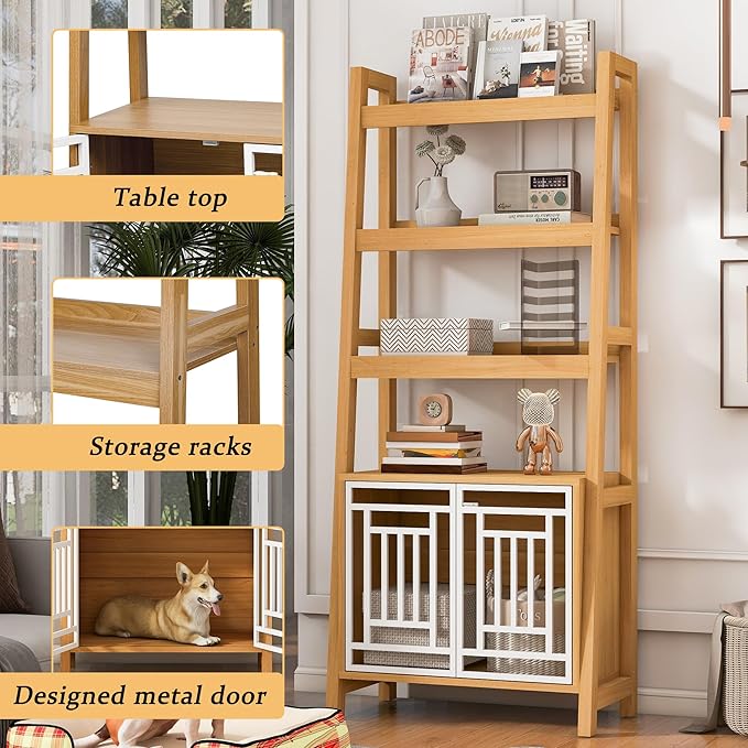 2-in-1 Modern Dog Crate & Bookcase - Space-Saving Leaning Ladder Design with Storage Shelves, Ancient Oak MDF & Steel, 76" H for Small to Medium Pets
