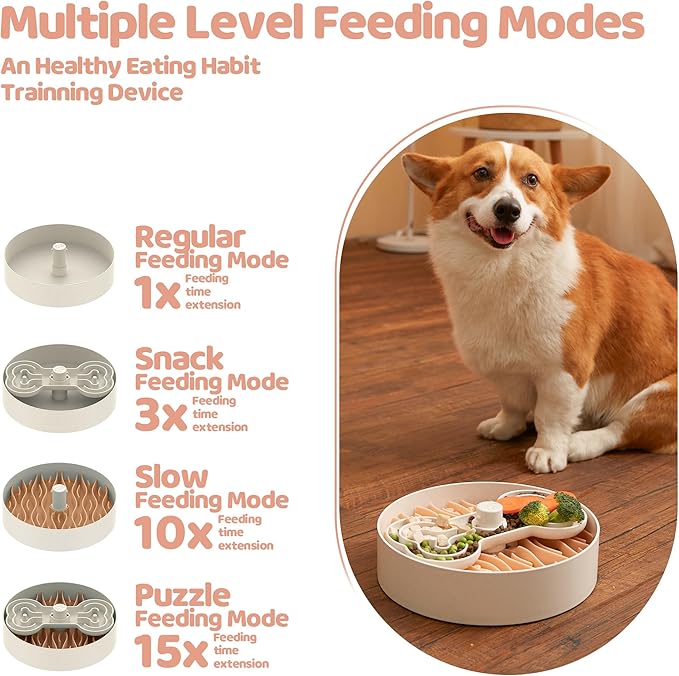 Puzzle Feeder Slow Feeder Dog Bowl for Large Dogs with Non-Slip Base - Adjustable Speed Design, Removable Puzzle Inserts & Dishwasher Safe, Pink