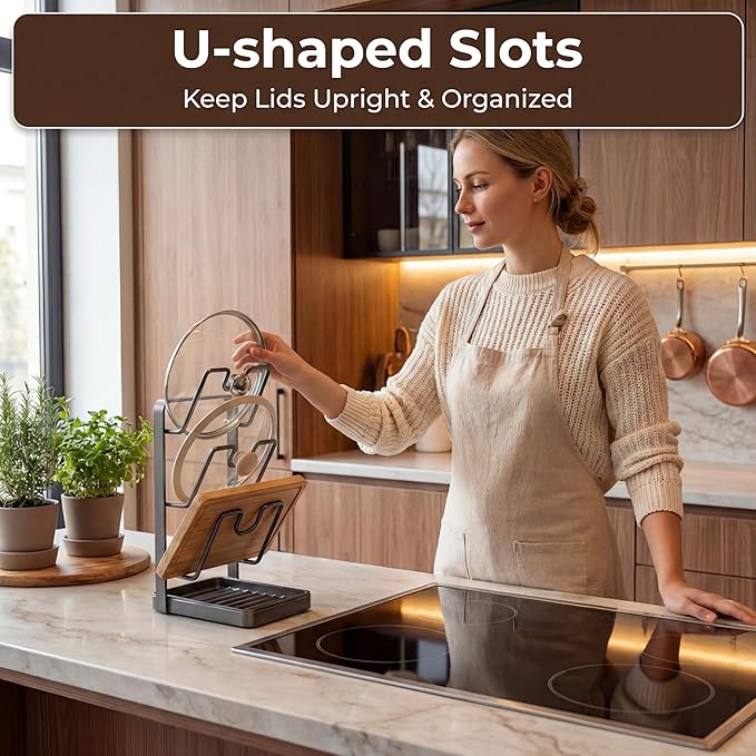 2 Pack Pot Lid Organizer Rack 6-Tier Pot Lid Holder While Cooking Carbon Steel Kitchen Cover Storage Rack Multifunctional Stand for Countertop Stove Top Cabinet Shelf Spoon