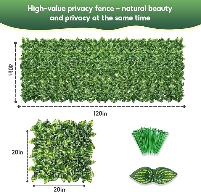 Artificial Ivy Privacy Fence Screen, 120x40 inch Artificial Hedge Grass Wall, Faux Ivy Fence Privacy Screen, Decoration for Patio Balcony Garden Backyard Indoor Outdoor Decor, Color Watermelon Leaves