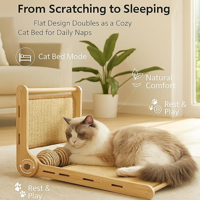 32" Foldable Sisal L Shaped Cat Scratch Pad with Ball Toy, Wooden Cat Scratching Post for Indoor Cats, 180° Angles Cat Scratcher for Indoor Cats, Durable Modern Cat Scratching Board