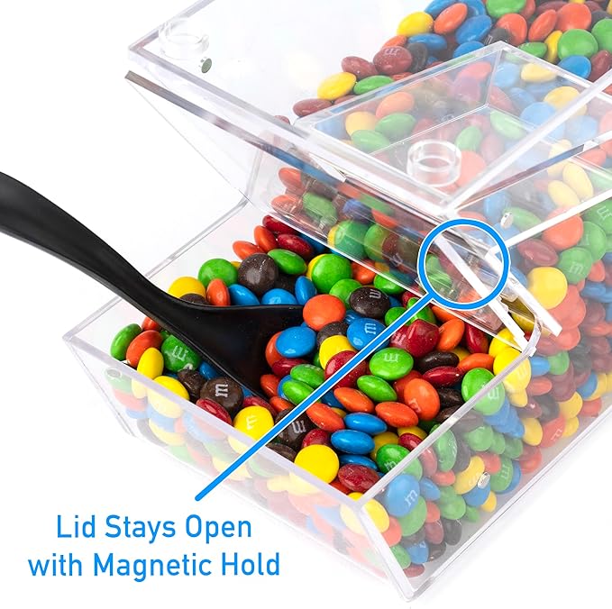 Candy Bin Topping Dispenser - Acrylic Bulk Sprinkle Container with Scoop, Stackable & Magnetic for Multiple Holders - For Cereal, Nuts, Candies & Snack Food Storage - 2 Pack