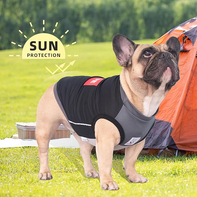 iChoue French Bulldog Summer Cooling Shirt for Dogs UV Sun Protection Vest Sleeveless Stretchy Tank Top English Pug Grey Black - XLarge