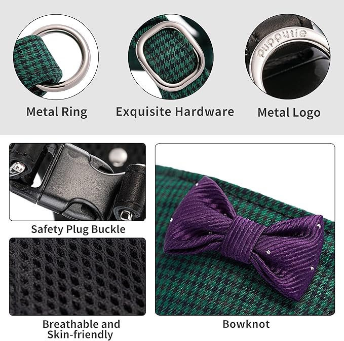 Puppytie No Pull Dog Harness with Multifunction Dog Leash,Soft Adjustable No Choke Escape Proof Pet Harness Vest for Medium Dogs,Plaid Green,M