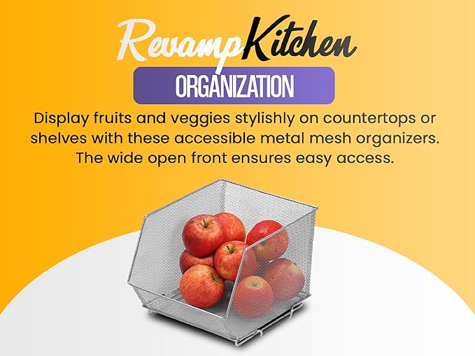 YBM HOME Mesh Stacking Bin Storage Containers for Kitchen Pantry, Cabinet and Shelves, Metal Wire Basket Rack for Fruits and Veggies, Crafts, Toys & Cleaning Items - 8-Pack, Medium 10x8.5x8 Silver
