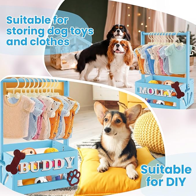 20" x 13" x 9" Wooden Dog Closet Pet Wardrobe Crate Box with Hanging Rods and Personalized Alphabet Letters Easy Assembly Baskets for Dog Cat Toys Clothes Accessories (Blue)