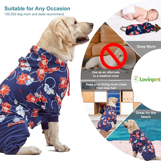 LovinPet Big Dogs Breeds Jammies, Wound Care/Post Surgery clothes, Pet Anxiety Relief for Dogs, Lightweight stretchy, Large Breed Dog Pajamas, Reflective Stripe, Floral Navy & Red Print, Pet Pj's /2XL