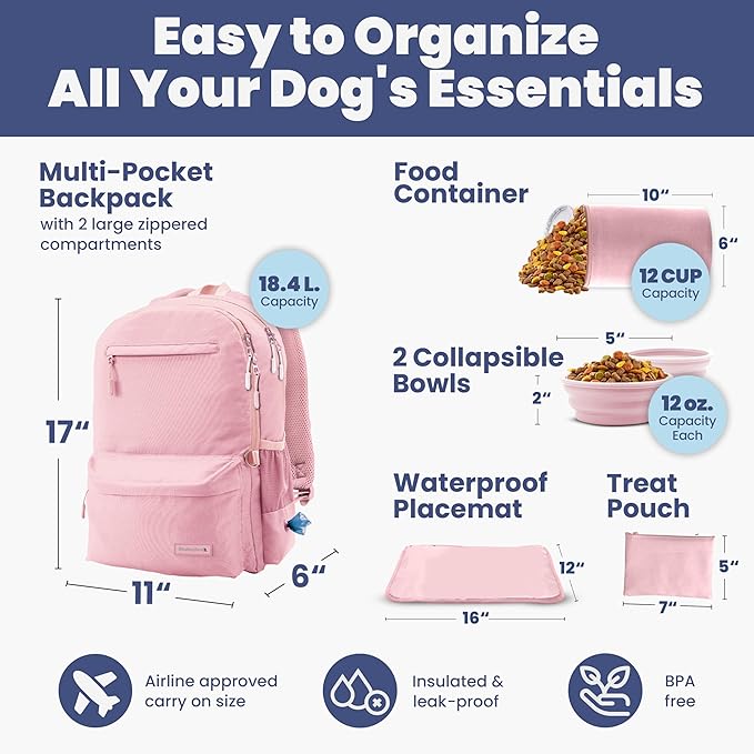 Dog Travel Bag for Supplies - Complete Doggy Diaper Bag Backpack - Ideal Gift for Dog Lovers, Doggy Moms for Christmas - Laptop Sleeve, 2 BPA-Free Bowls, Food Container, Treat Pouch: Dusty Pink