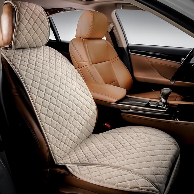 IVICY Faux Linen Car Seat Cover for Cars - Durable & Non-Slip - Front Car Seat Protector Covers for Most Automotive, Vans, SUVs, Trucks - 1 Unit – Light Beige