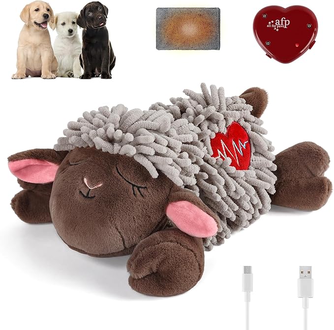 ALL FOR PAWS Heartbeat Dog Toy for Sleep Aid, Stuffed Animal Plush Toy for Puppy Anxiety Relief & Behavioral Training, Snuggling Plush Toy with Warm Bag & Adjustable-Speed Heartbeat, USB Rechargeable
