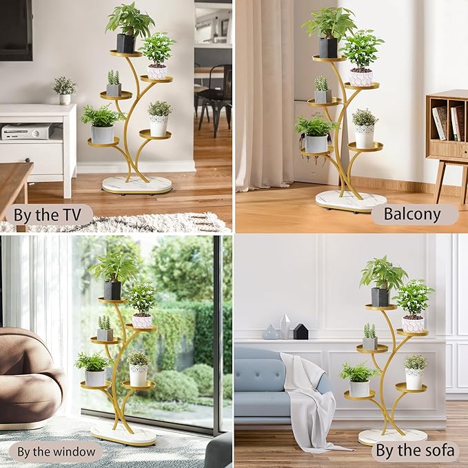 Golden 5 Tier Wood Metal Tall Shelf Multiple Plant Holders Plant Stand for Indoor, Outdoor, Corner, Living Room, Balcony, and Bedroom