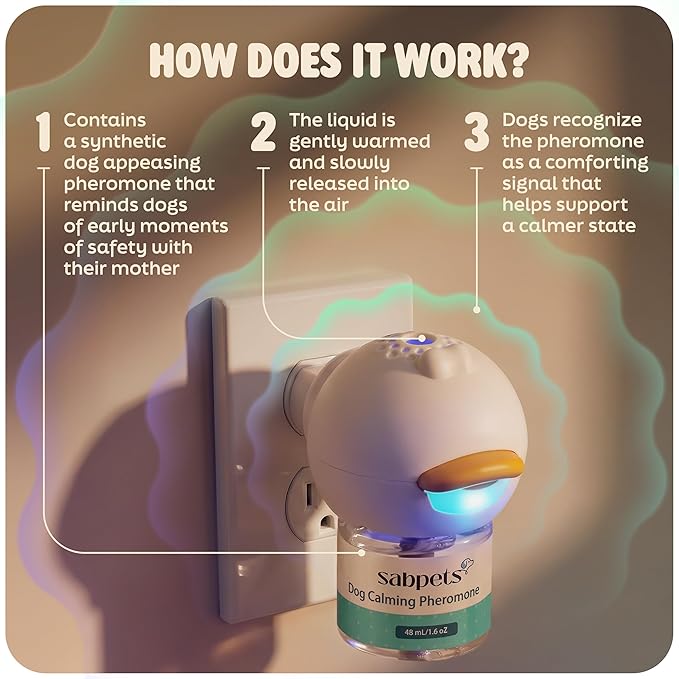 Dog Calming Diffuser Kit with Toy – Helps Reduce Barking, Pee Accidents & Separation Anxiety – Pheromone Plug-in for Dogs – 1 Diffuser + 2 Refills