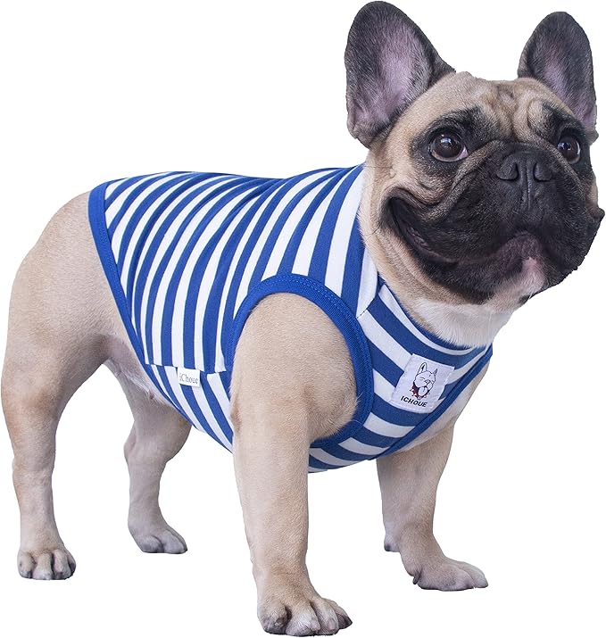 iChoue French Bulldog 100% Breathable Cotton Striped T Shirts Halloween Vest Clothes for Medium Dogs Tank Tops Frenchie Pug English Boston Terrier Pitbull White Blue Stripes - Large Plus