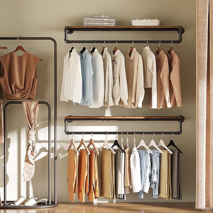 Pipe Clothes Rack, 43.3 in Wall Mounted Garment Rack with Top Shelf, Industrial Clothing Rack with Hanging Rod, Heavy Duty Detachable, Space Saver Hanging Clothes Rack, Rustic Brown FS11BRY1