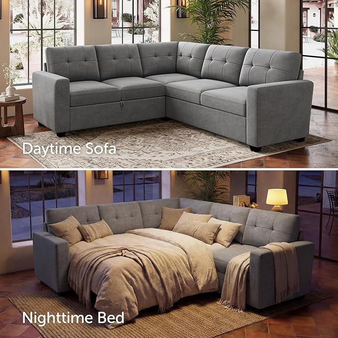 HONBAY 83.4 Inch U-Shaped Sectional Sleeper Sofa with Pull-Out Bed, 5-Seater Sectional Sofa for Living Room, Pet-Resistant Fabric Couch, Grey