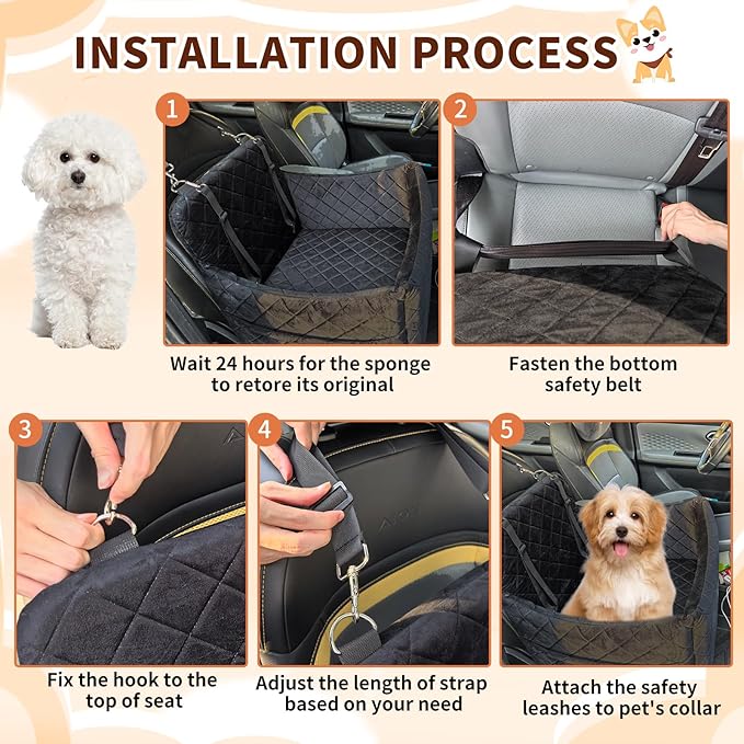 Dog Car Seat for S/M Dogs, Memory Foam Dog Booster Car Seat Up to 35lbs, Detachable Washable Pet Travel Bed with Side Pockets and 2 Safety Belts, Easy to Install (Black)