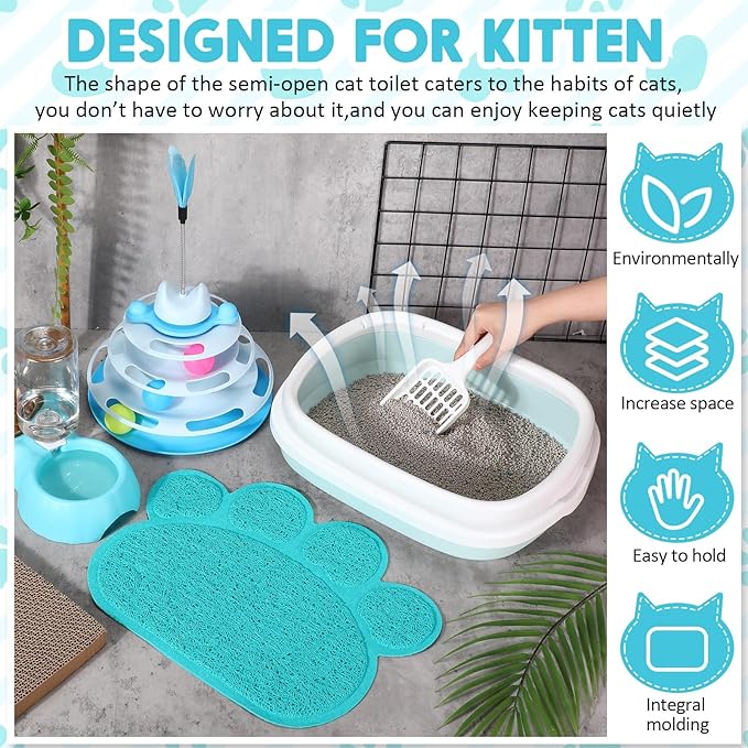 5 Pcs Small Cat Kitten Starter Kit Include Litter Box with Shovel Cat Paw Litter Mat Scratch Pad Automatic Bowls Turntable Toys Balls Essentials Kits for Kittens Life(Blue)