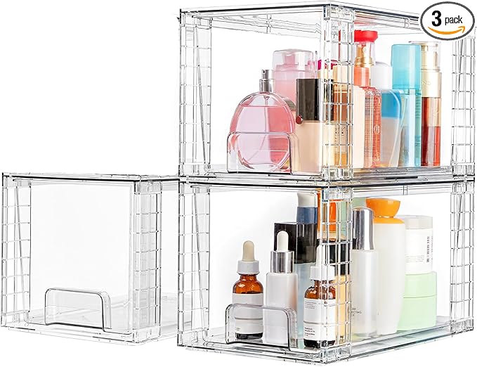 Clear Acrylic Storage Organizer Set, Multi-Purpose Cabinet Bins for Office, Kitchen, Bathroom, Stackable (3)