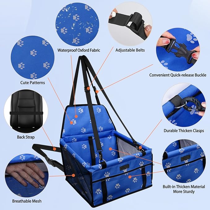 PetsHome Dog Car Seat Foldable Dog Car Booster Seat Waterproof Breathable Oxford Travel Bag for Small to Medium Dogs, Puppies, and Pets-Footprint Blue