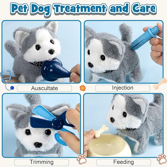 22Pcs Dog Toys for Kids Vet Doctor Kit,Walking Barking Electronic Interactive Husky Dog Toy,Veterinarian Playset for Kids,Pretend Play Birthday Gift Preschool Toy for Boys Toddlers 3 4 5 6+