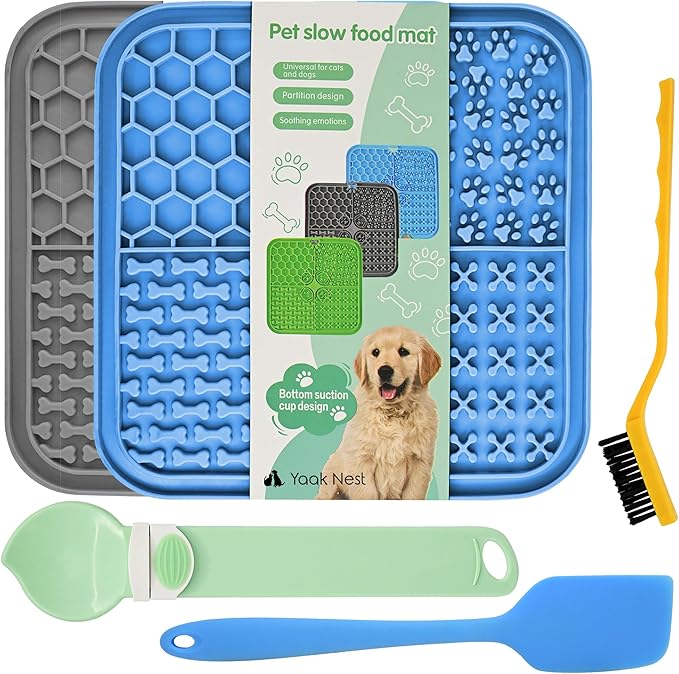 Lick Mat for Dogs & Cats 5 PCS Set 2 Slow Feeder Lick Mats with Suction Cups, Cat Strip Feeder, Scraper & Brush, Dog Lick Mat for Anxiety Relief & Peanut Butter Pad for Grooming & Boredom