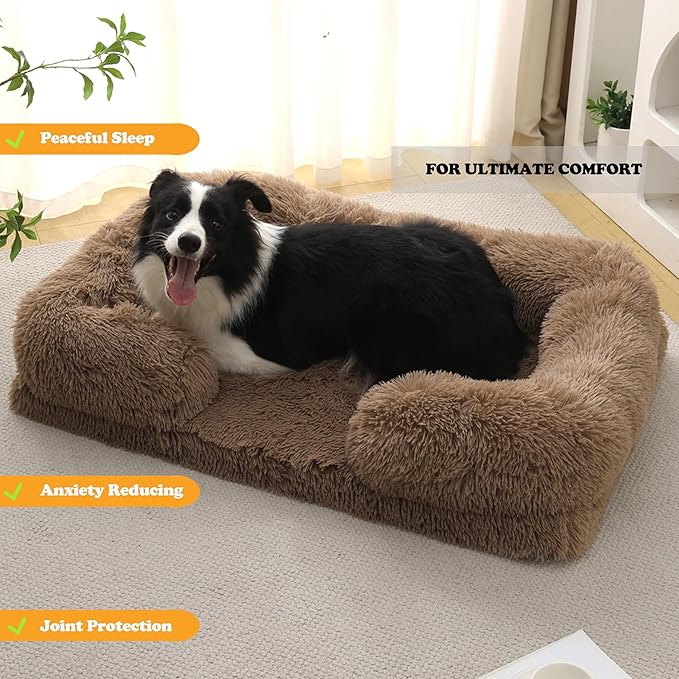Orthopedic Dog Bed for XXL Dogs - Washable Memory Foam Pet Sofa, Fluffy Plush Rectangular Bed, Waterproof Anti-Anxiety Couch, Khaki, XXL