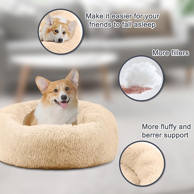 ELSKER&HOME Calming Dog Bed,Donut Washable Warming Soft Round 30 inches Dog Beds for Medium Dogs,Anti-Anxiety Fluffy Plush Cushion Bed Fits up to 50 lbs Pets,Apricot
