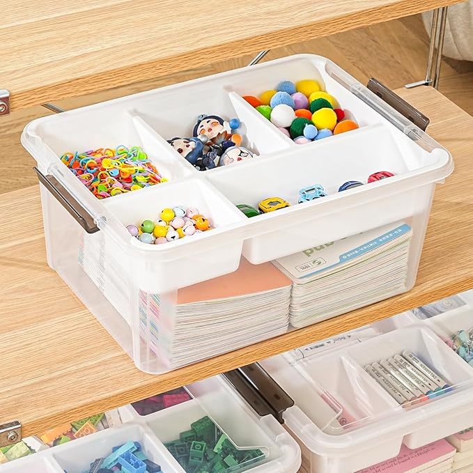17 QT Plastic Storage Box with Removable Tray Art Supply Craft Organizers and Storage Stackable Storage Container for Organizing Bead, Tool, Sewing, Book, Crayon, Playdoh(Clear)
