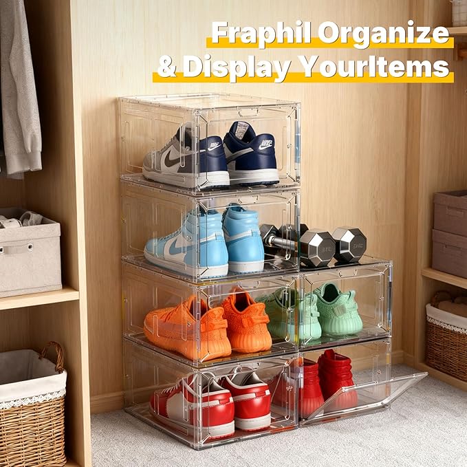 Stackable Clear Green Shoe Boxes 6 Pack with Magnetic Door, Drop Front Sneaker Storage Organizer for Closet, Large Transparent Plastic Shoe Storage Containers