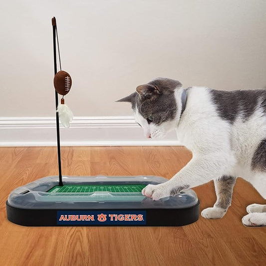 Pets First NCAA Auburn Tigers Reversible Football Field CAT Scratcher Toy with Catnip Filled Plush Football Toy&Feather Cat Toy Hanging with Jingle Bell Interactive Ball Cat Chasing 6-in-1 Kitty Toy