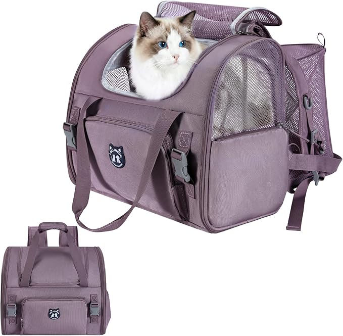 Lollimeow Expandable Cat Carrier Backpack for Large Cats - Airline Approved Pet Carrier Backpack for Small Dogs, Hiking & Travel, Waterproof with Breathable Mesh, 22lbs Capacity (Plum, Large)