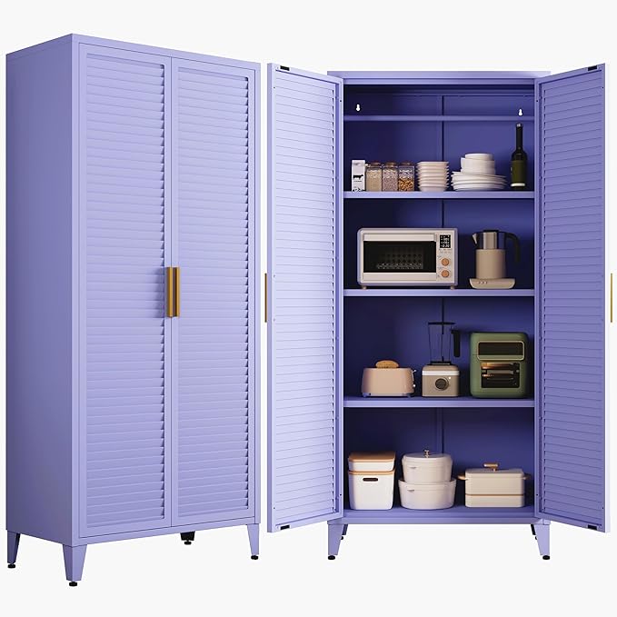 Pantry Cabinet with 3 Adjustable Shelves, 4-Tier Freestanding Kitchen Storage Organizer, Multi-Function Storage Unit for Kitchen, Living Room, Home, Purple 61" H X 27.6" W X 13.8" D