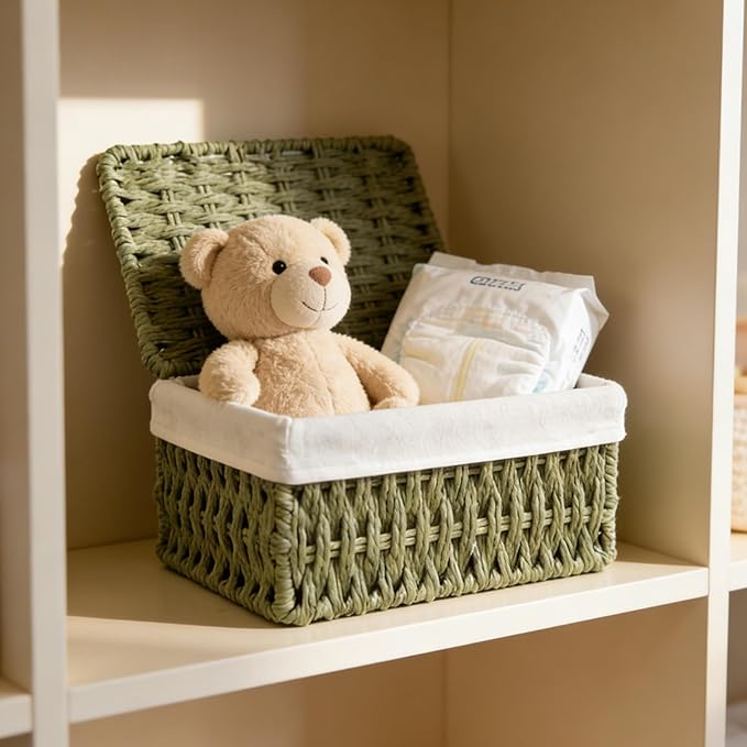 Woven Storage Baskets with Lids, Set of 3, Green Paper Rope Wicker Bins, Stackable Shelf Organizer Boxes for Bathroom Closet Nursery