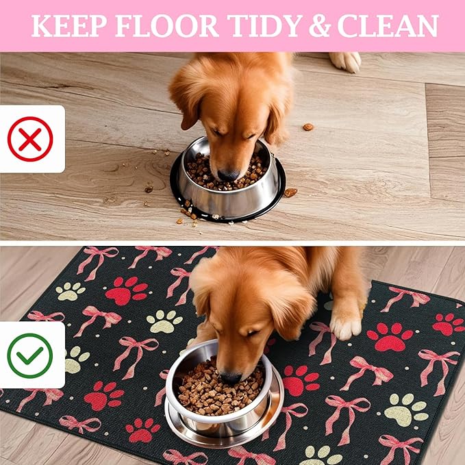SHIYUE Dog Food Mats for Floors, Absorbent Cat Bowl for Food and Water, Non-Slip Accessories Pet Supplies(16"x24",Black Bow Footprint)