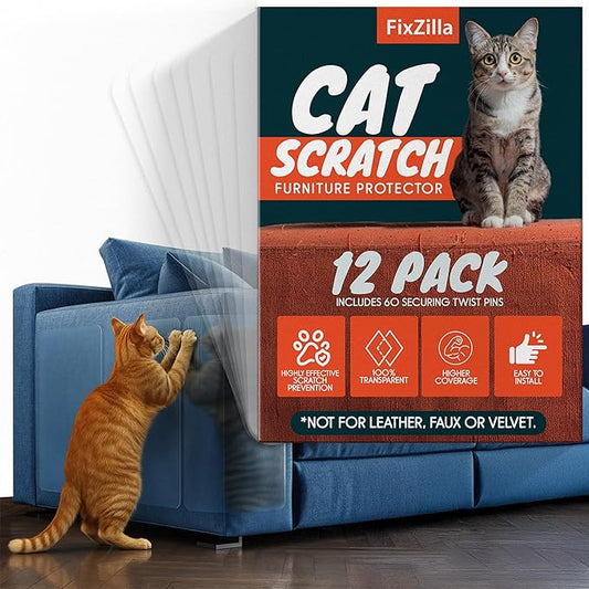 Anti Cat Scratch Furniture Protector, 12-Pack Couch Protector from Cat Claws – Heavy-Duty, Easy-to-Apply Scratching Deterrent and Shield for Sofa Corners, Walls, Doors- with 60 Twist Pins