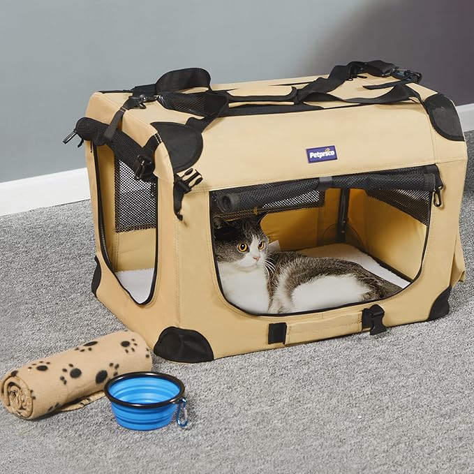 Petprsco Portable Collapsible Dog Crate, Travel Dog Crate 24x17x17 with Soft Warm Blanket and Foldable Bowl for Large Cats & Small Dogs Indoor and Outdoor